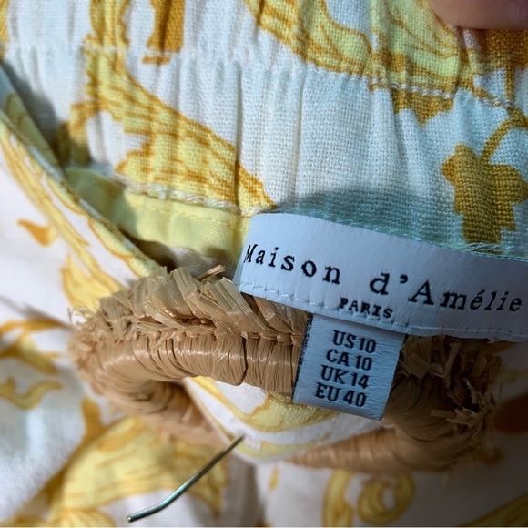 Maison d'Amelie Paris  shorts  Sz 10 linen blend  yellow white belt pleated - Picture 9 of 13